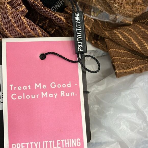 NWT PrettyLittleThing 4 Sheer/Gold Brown Texture Mesh Cut Out Lng Sleve Bodysuit - Picture 10 of 12